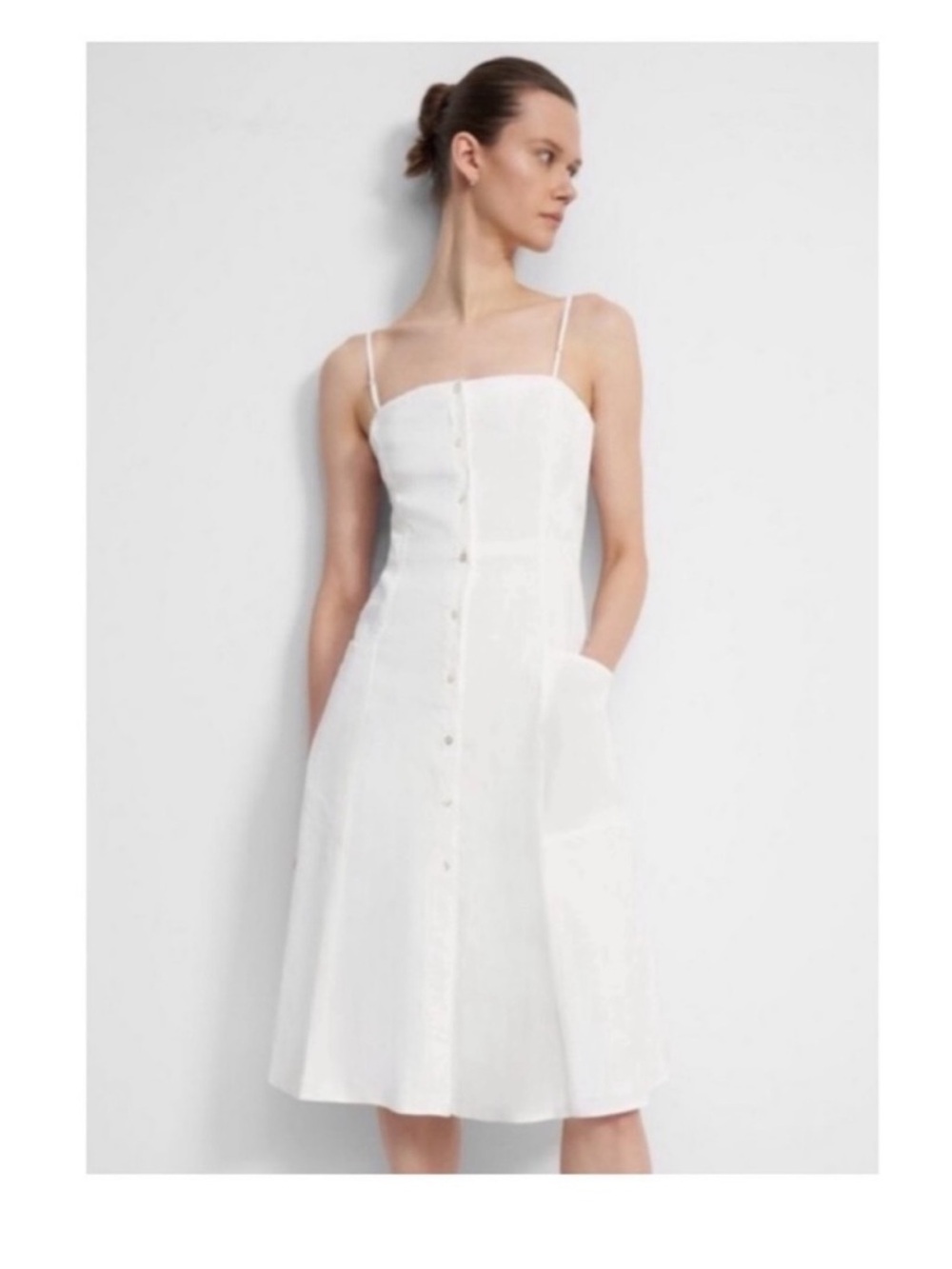 New! THEORY Kayleigh Good Linen Button Front Linen Blend Midi Dress in White